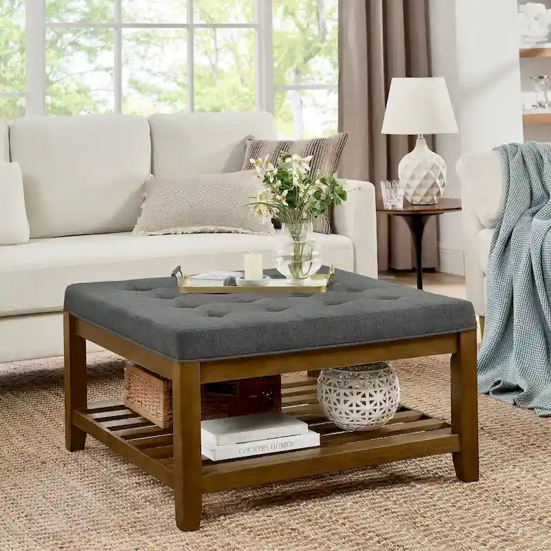 Pouf quadrato oversize trapuntato in lino con ripiano in legno di faggio