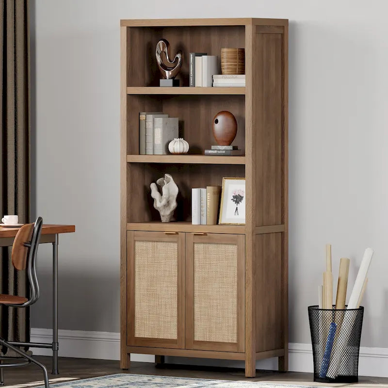 Libreria regolabile a 5 ripiani con ante in rattan