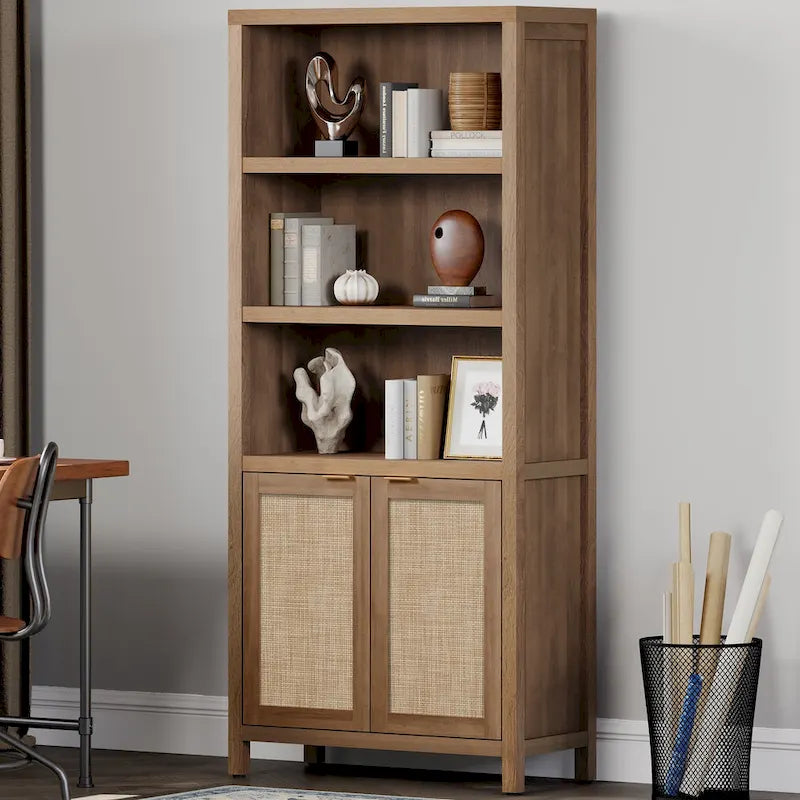 SICOTAS 5 Tier Adjustable Bookcase with Rattan Storage Cabinet