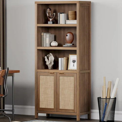 SICOTAS 5 Tier Adjustable Bookcase with Rattan Storage Cabinet