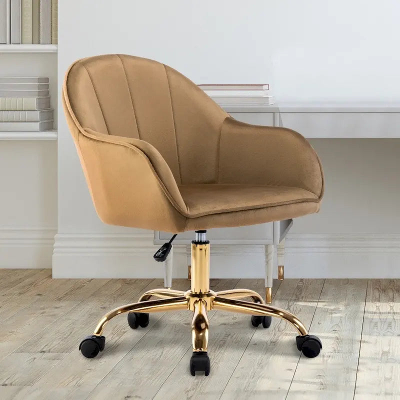 Sedia da ufficio in velluto con base e braccioli cromati color oro